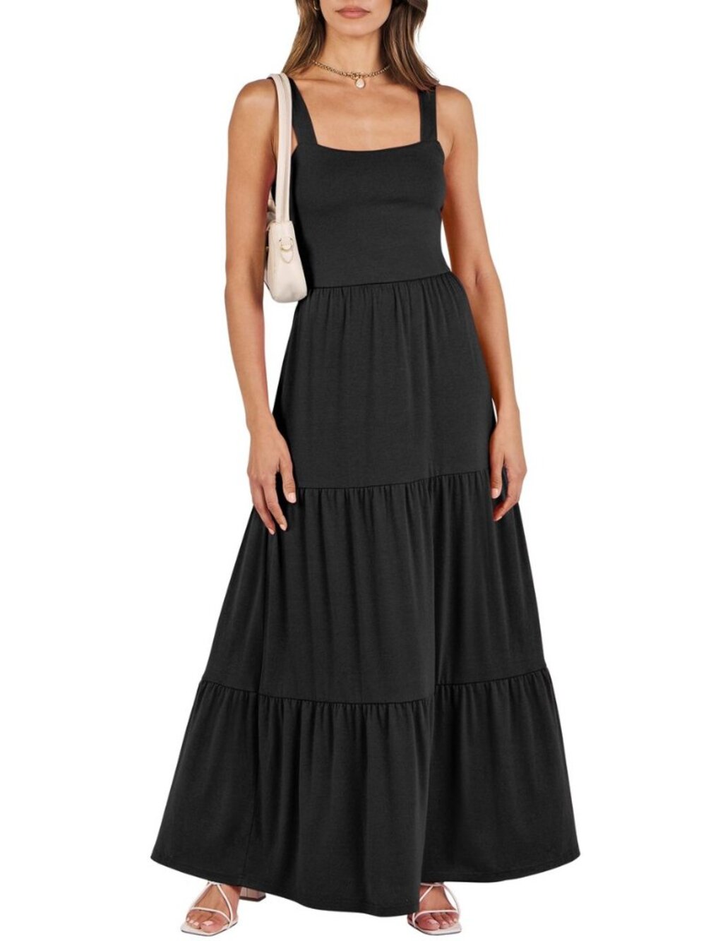 Women's Summer Flowy Maxi Dress Square Neck Sundress with Pockets